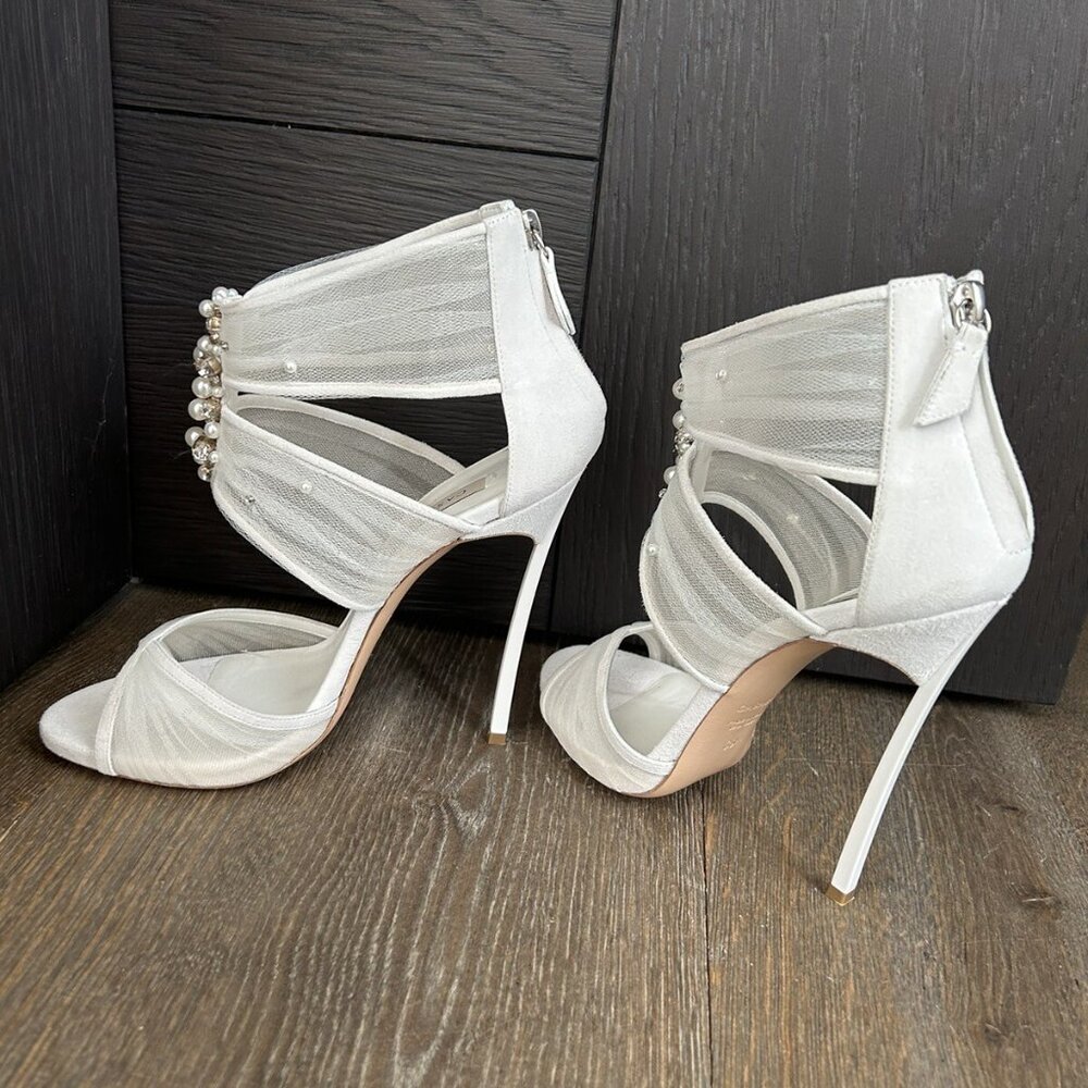 Casadei White Suede Organze Sandal Heel